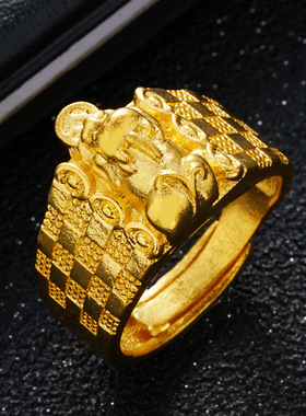 貔貅钱币男款个性饰品镀沙金真金开口沙金男士戒指