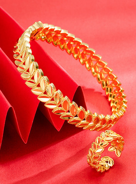 沙金卡扣手镯麦穗开口戒指双层叶子饰品网红同款女款