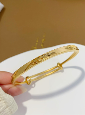 树叶羽毛磨砂镀黄金手镯女古法沙金首饰品久不掉色推拉手环镯子锡