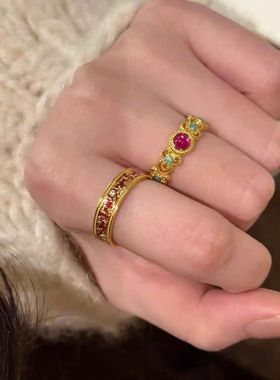 故宫风格越南沙金珐琅戒点钻活口戒女錾刻工艺轻奢高级感推拉食指