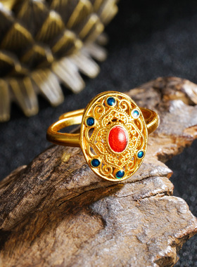 越南沙金宫廷风镂空女戒指古法花丝新中式婚庆黄金手饰品配饰