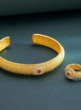 红宝石微镶福寿延绵戒指5D硬金古法传承宫廷精品百搭越南沙金手镯