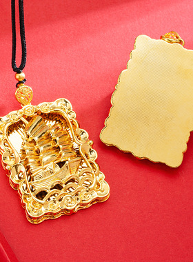 一帆风顺吊牌项链越南沙金祥云浮雕男女复古福牌方形绳链吊坠