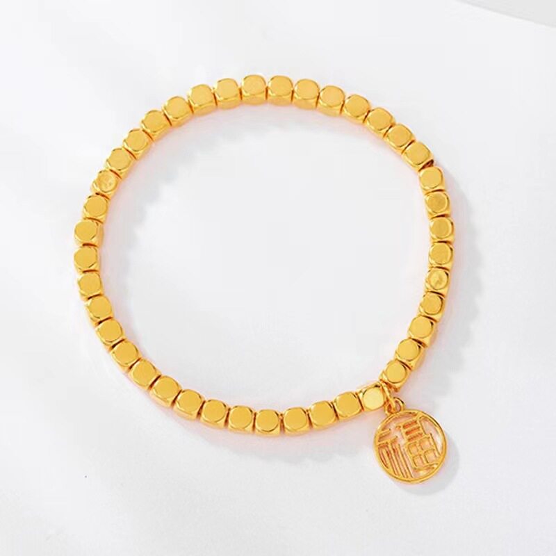 新品锡黄金同款方糖纳福手链沙金福牌手链吊坠手工串珠送女友闺蜜