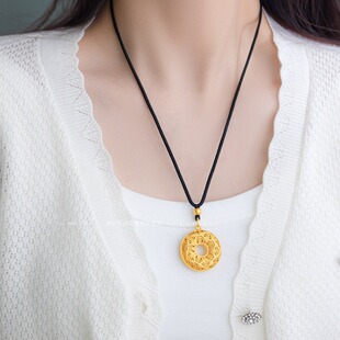 新中式国潮复古花丝平安扣沙金吊坠古法季富贵平安扣锡金毛衣链