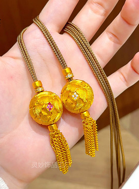 古法越南沙金錾刻点钻牡丹花球流苏吊坠项链复古花丝毛衣链古法女