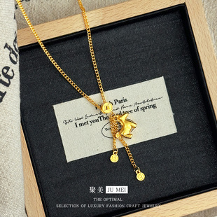 新中式设计感马上有钱黄金色项链越南沙金锁骨链小马驹金钱币套链