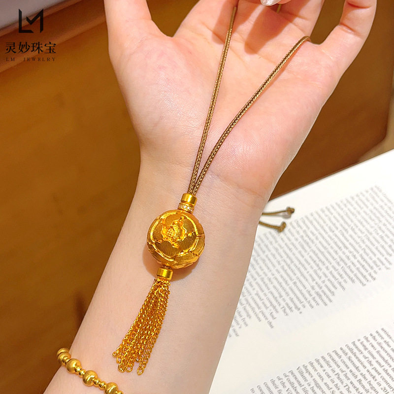 新中式复古沙金錾刻牡丹绣球流苏吊坠项链玲珑花珠挂坠国风送女友