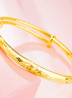 沙金女士新款扁圆龙凤推拉手镯 仿999黄金黄铜镀真金可调节手环