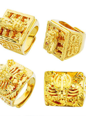 男士霸气沙金3D龙头开口戒指镀金貔貅方形戒指男款
