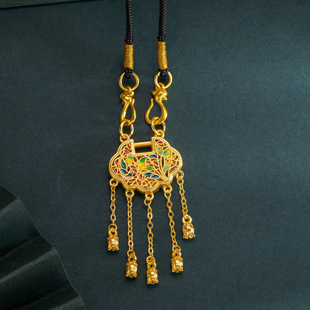 复古镂空珐琅兰花长命锁越南沙金吊坠项链女流苏同心锁黄金挂坠饰