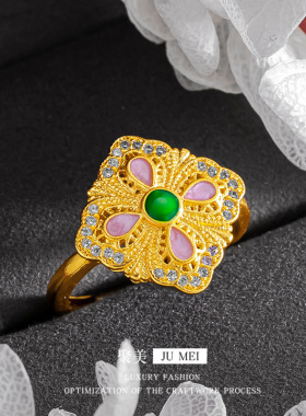 金店同款古法珐琅彩越南沙金戒指粉釉绿宝四叶螺钿戒指女典雅贵气