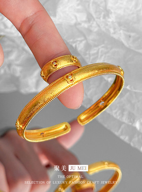 小红书设计感越南沙金轻奢新中式拉丝点钻葫芦开口黄金戒指手镯女