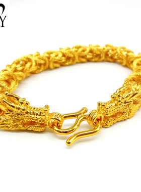 镀厚金纯黄真空镀金越南沙金男款布纹双龙头手链首饰久不掉色