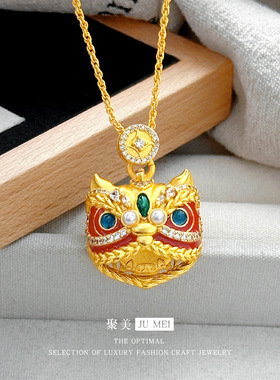 国潮镶钻珐琅彩醒狮吊坠项链配饰女轻奢高级感锁骨链越南沙金饰品
