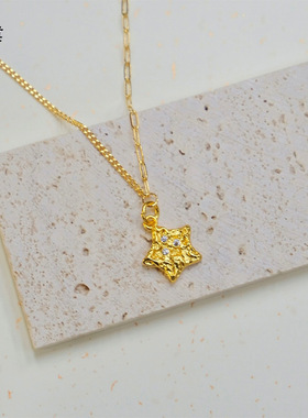 金店同款沙金镶钻锤纹五角星吊坠黄金项链轻奢小众高级锡金锁骨链