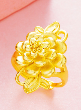 越南沙金3D硬金喷砂花女戒黄金金大花朵开口戒指结婚锡金饰品