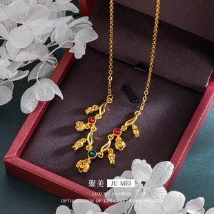 黄金铃兰花套链越南沙金精致浪漫铃兰花开镶嵌红色锆石项链百搭配
