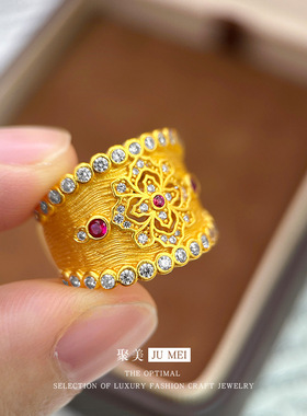 金店同款镶钻宽面仿真黄金流星戒指越南沙金女款时尚复古活口指环