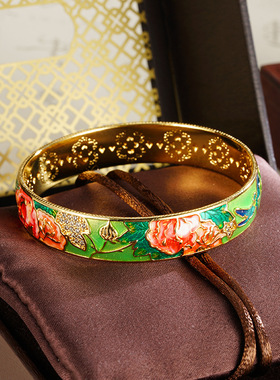 古法越南沙金桃花手镯烤漆珐琅彩花朵中国风百搭久不掉色黄金饰品