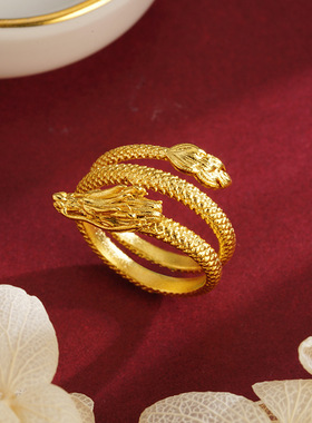 盘龙活口锡金戒指生肖越南沙金古法中国风男女游龙黄金饰品百搭