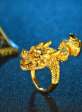 欧币沙金戒指男金开口戒指黄金霸气龙头戒指新郎结婚锡金指环女