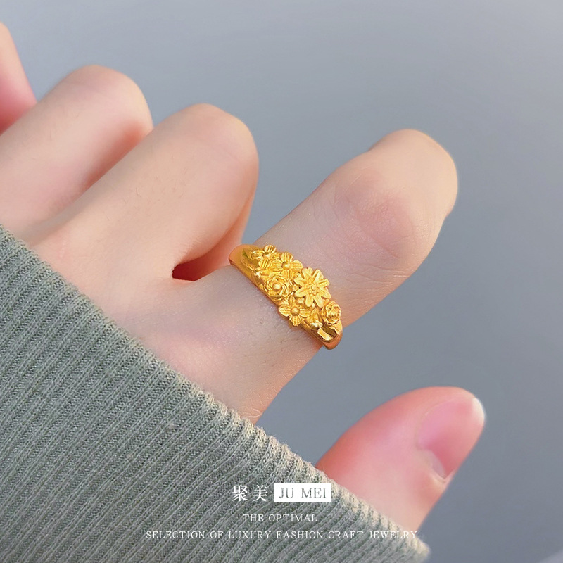 爆款复古新中式古法金越南沙金繁花似锦戒指女小众设计开口戒指