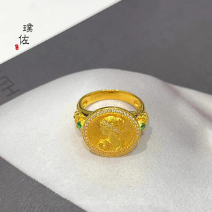 女王圆牌沙金戒指2024指环尾戒饰品食锡金指戒高级感小众设计感