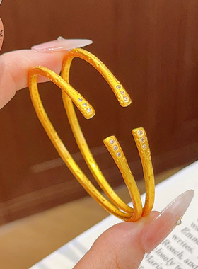 新中式古法沙金点钻锤纹手镯细款叮当开口素圈镯子小众简约送女友