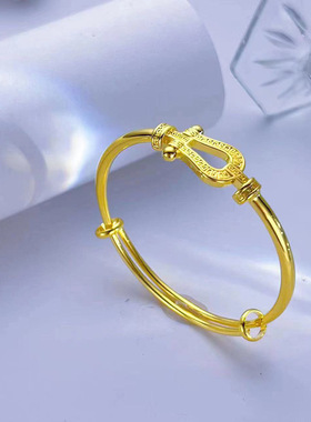 越南沙金马蹄推拉手镯女款小众回纹手环潮流手镯