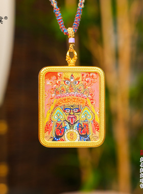 强保色沙金手绘唐卡扎基拉姆吊坠藏式黄财神嘎乌盒项链毛衣链