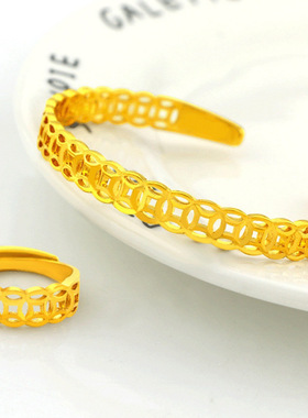 新款黄镀金钱币手镯越南沙金戒指殴币钱手环同款锡金