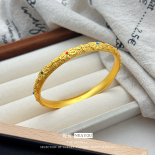黄金色宫廷古法复古珐琅彩手镯越南沙金百搭花丝轻奢高级感设手镯