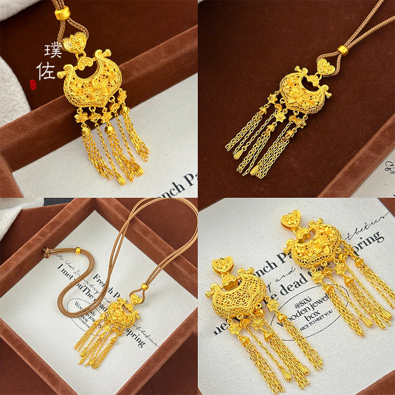 金店同款越南沙金配件花丝百合流苏锁包吊坠项链女仿真黄金毛衣链图片