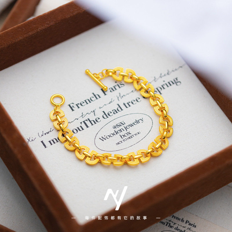 越南沙金时尚轻奢小众设计男女款满排双D设计黄金色手链首饰