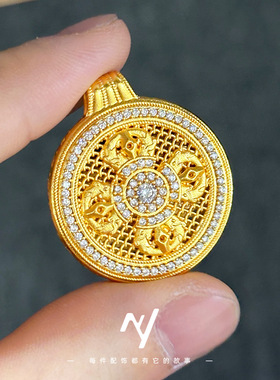 越南沙金多吉金刚杵满钻罗盘吊坠黄金色新中式镂空毛衣链挂绳项链