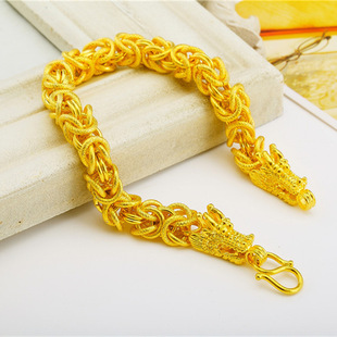 黄镀金双龙头沙金手链电镀黄金首饰霸气男士手环锡金手饰