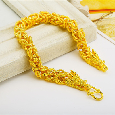 黄镀金双龙头沙金手链电镀黄金首饰霸气男士手环锡金手饰