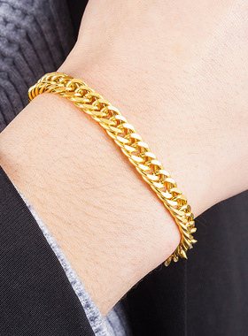 镀沙金真黄金8mm双扣沙金手链久不褪色火熔金首饰品