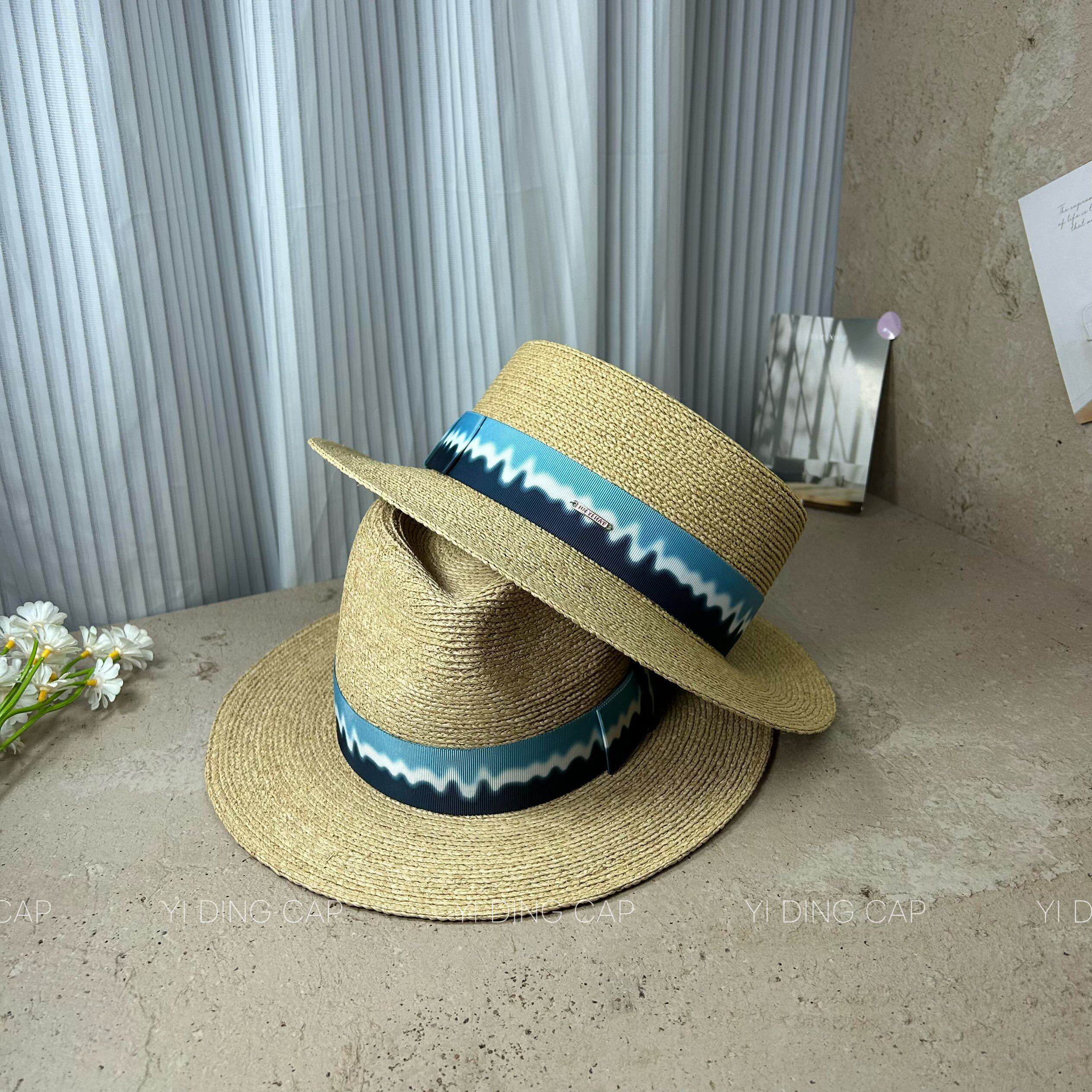 度假风海浪蓝缎带爵士帽子女夏季防晒草帽海边出游拉菲草平顶帽潮