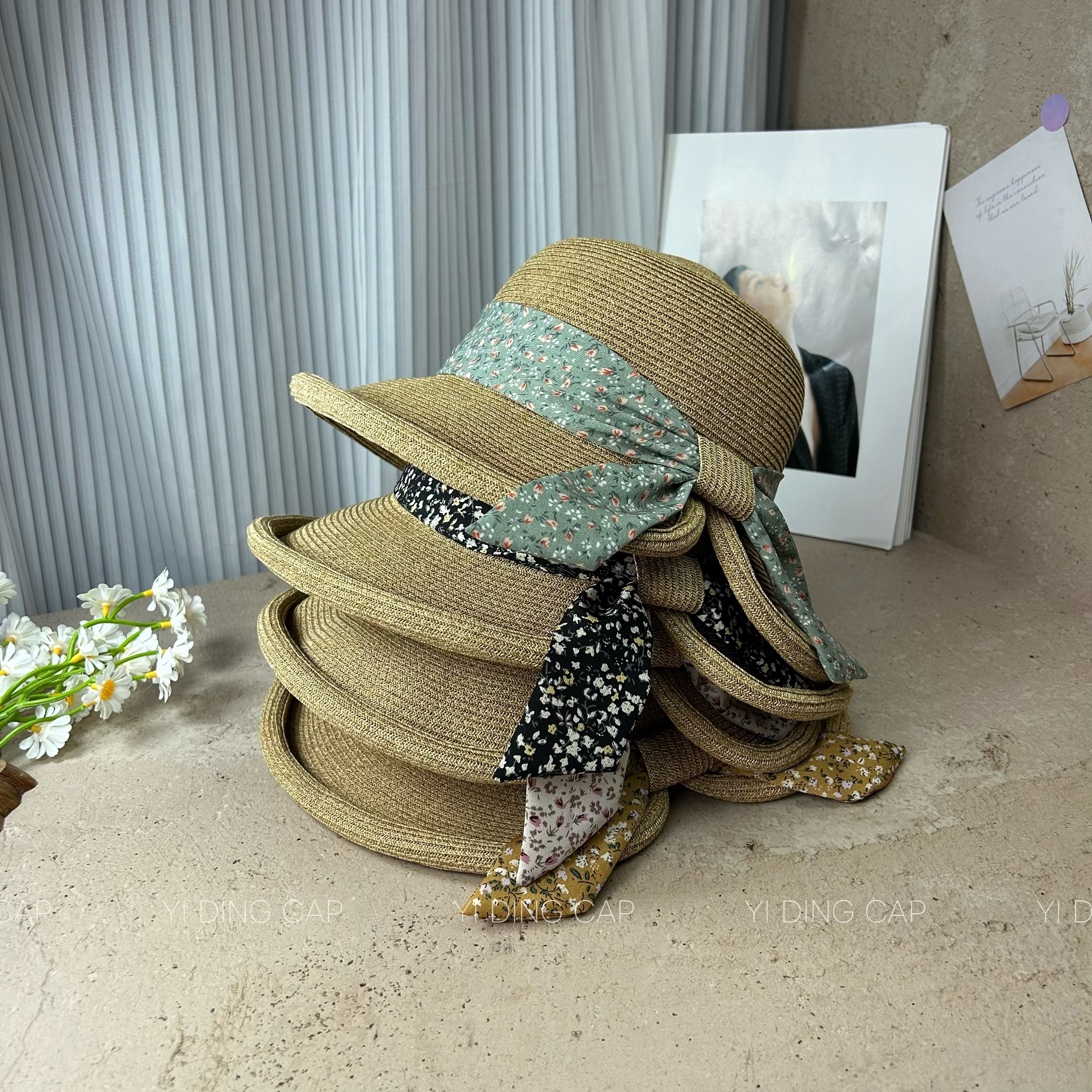 法式碎花蝴蝶结草编渔夫帽防晒