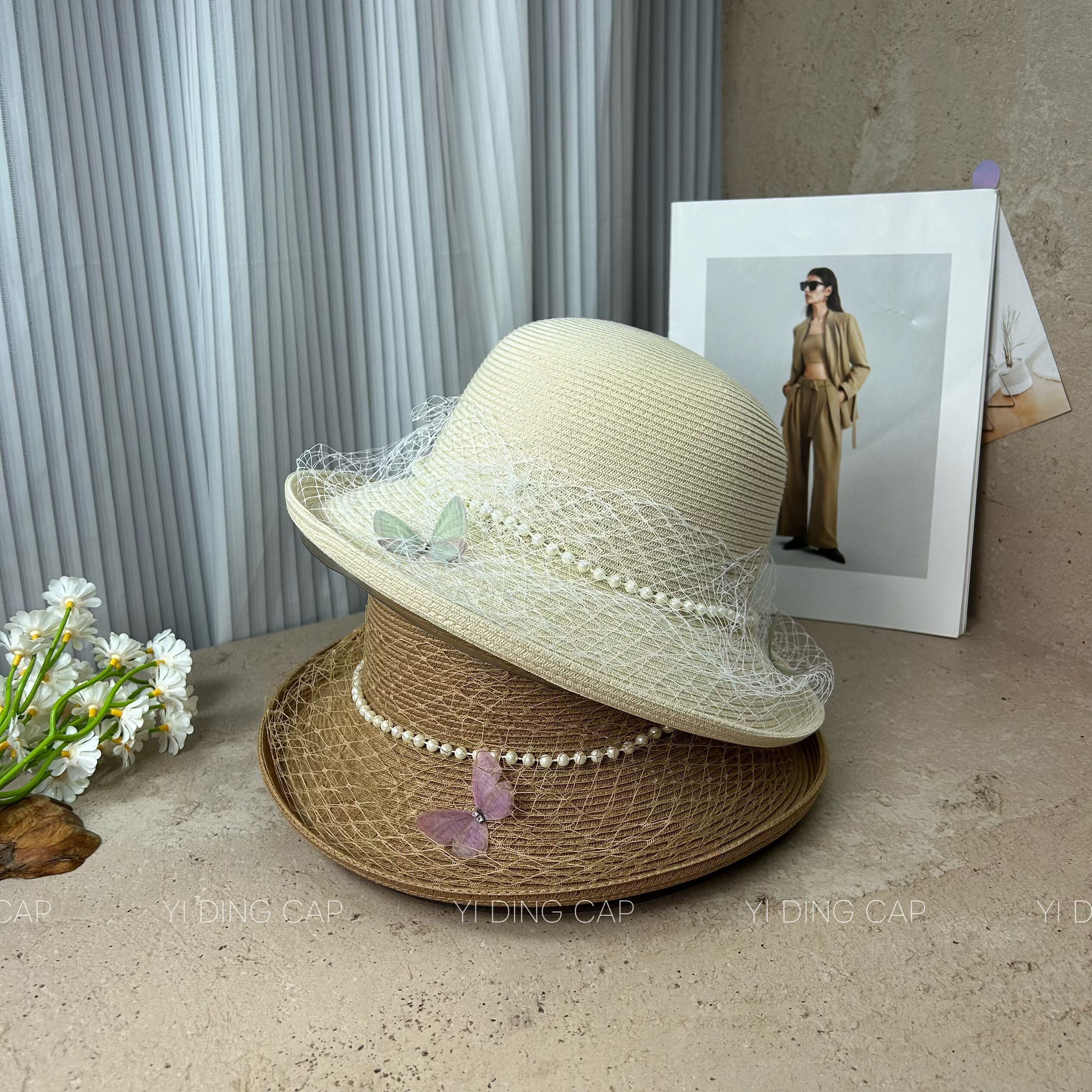 仿麻系列-法式网纱珍珠蝴蝶装饰渔夫帽女夏季优雅卷边显脸小盆帽