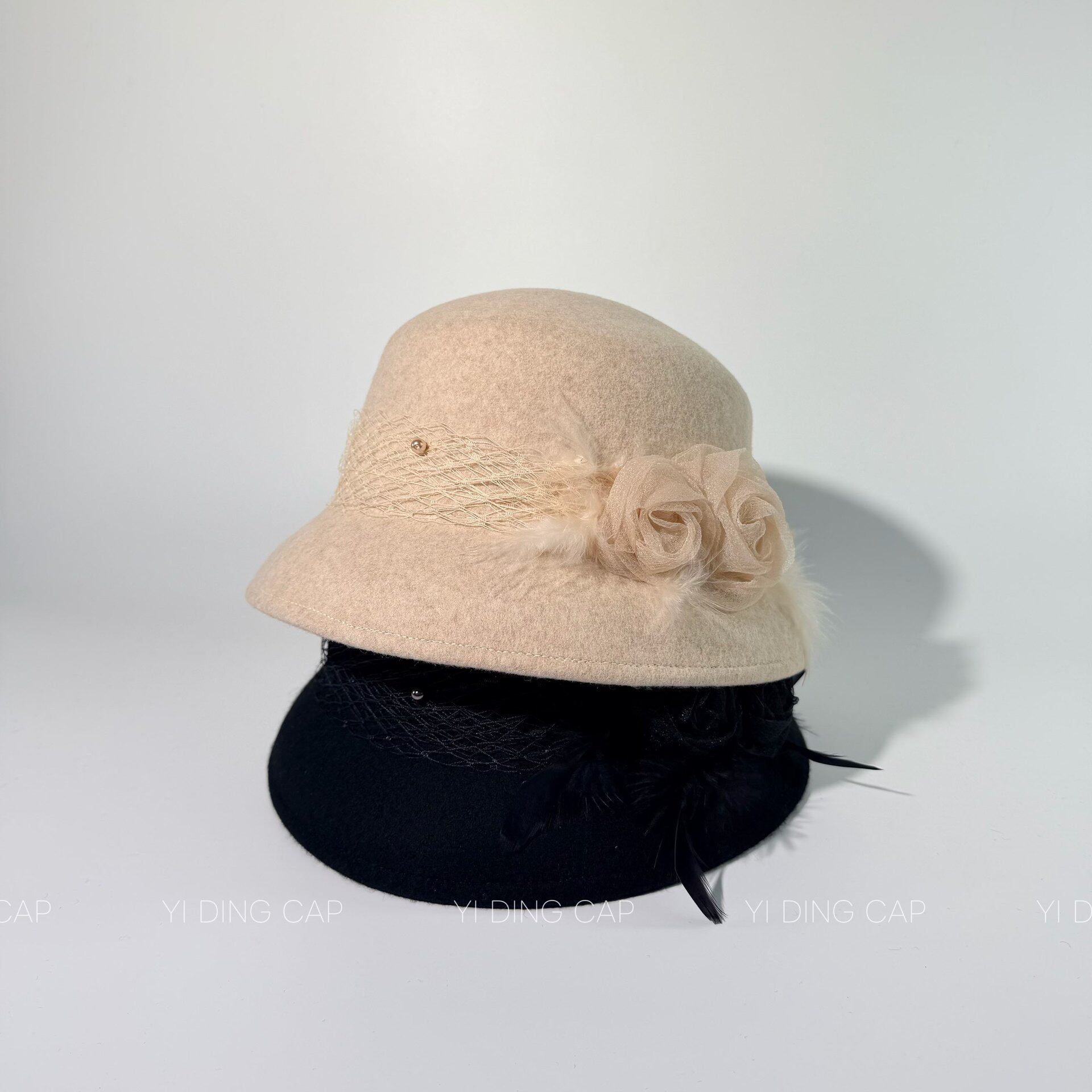 轻奢赫本风纯羊毛网纱羽毛盆帽女