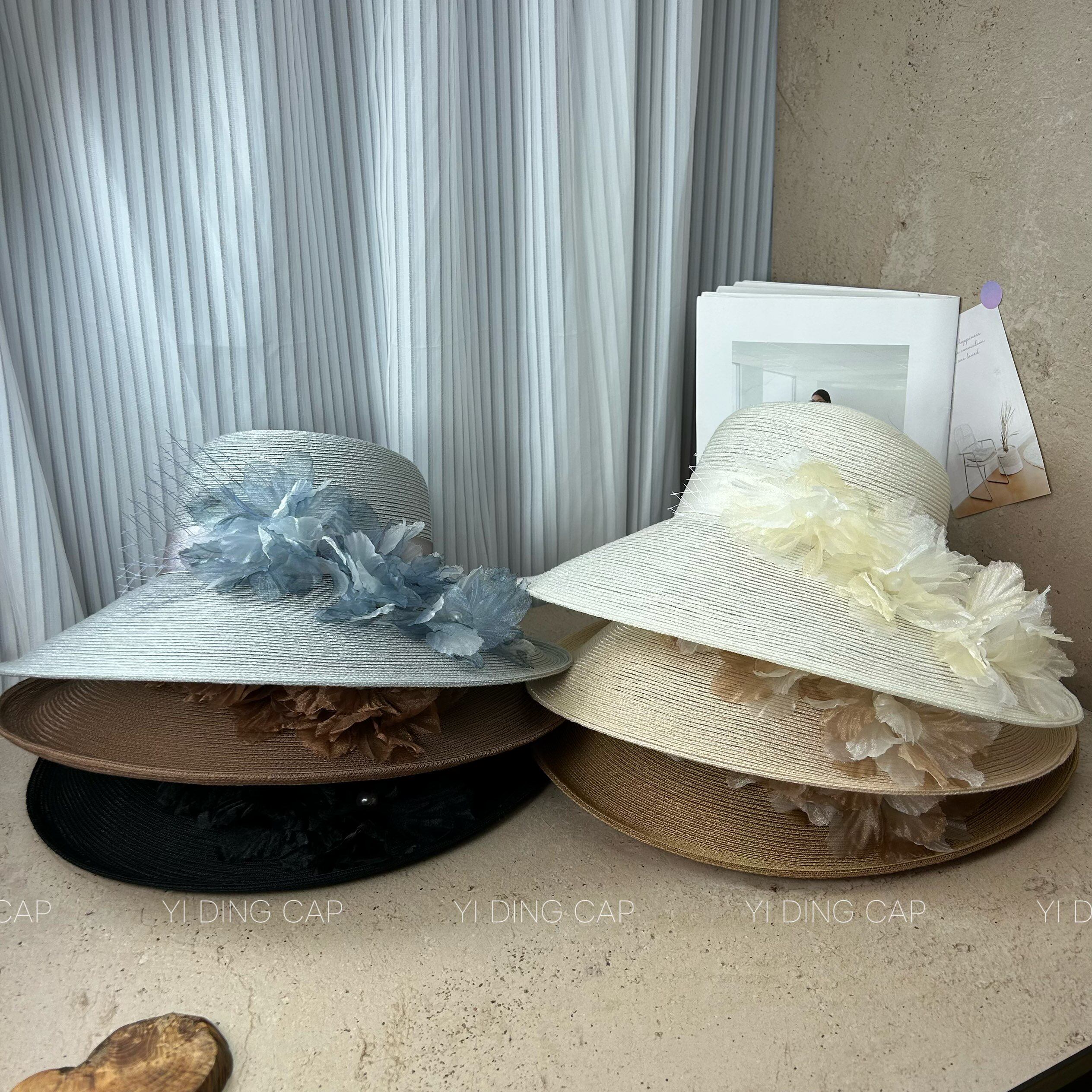 台湾超轻细辫-大檐花朵装饰可折叠草帽女夏季显脸小渔夫帽盆帽潮