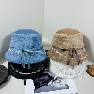日本CA4LA同款羊毛珍珠链条装饰渔夫帽女秋冬时尚盆帽优雅毡帽潮