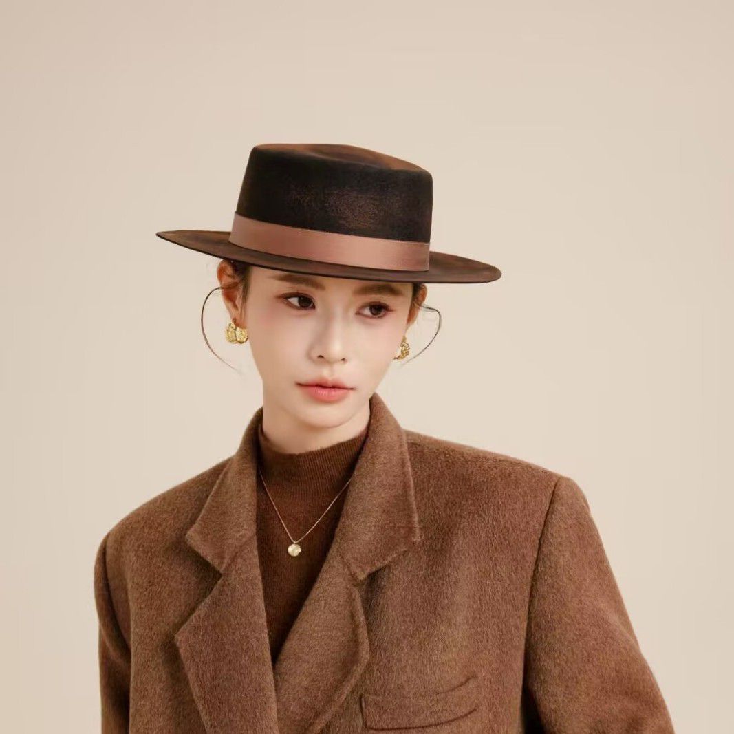 高级感做旧英伦宽檐羊毛帽子女