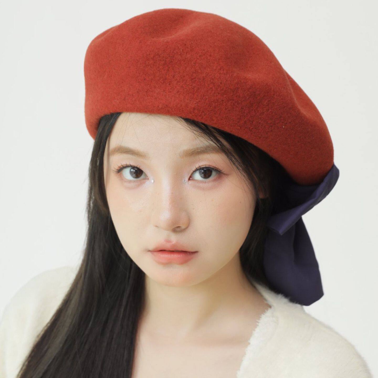 日本官网同款大蝴蝶结装饰100羊毛贝雷帽女保暖时尚显脸小盆帽潮