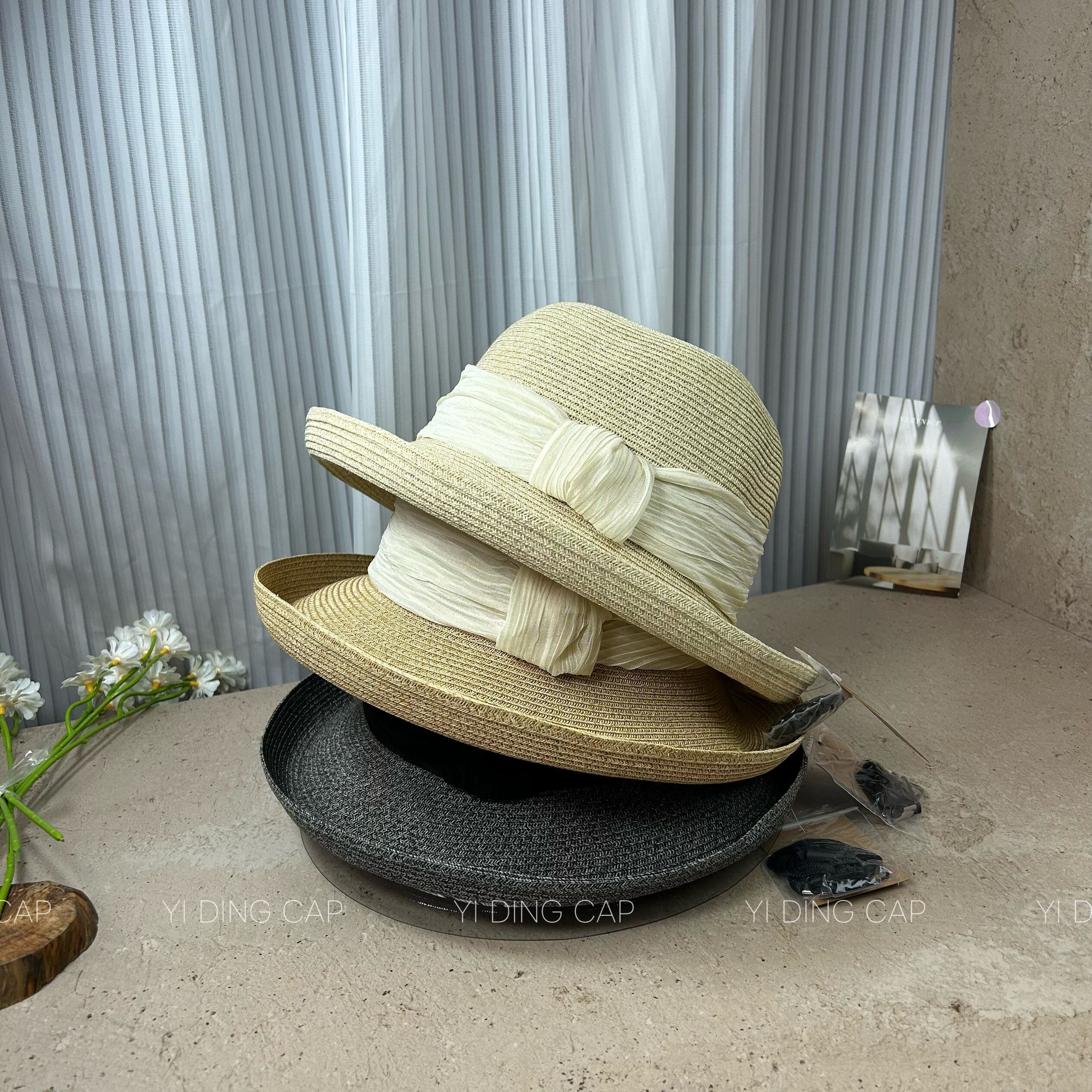文艺褶皱织带翘边渔夫帽女春夏新款休闲百搭时尚盆帽防晒遮阳草帽