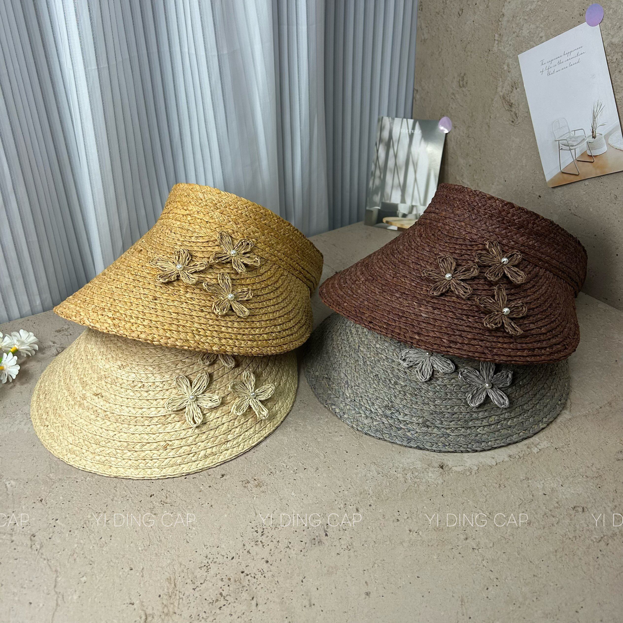 夏季花朵珍珠拉菲草空顶防晒帽女