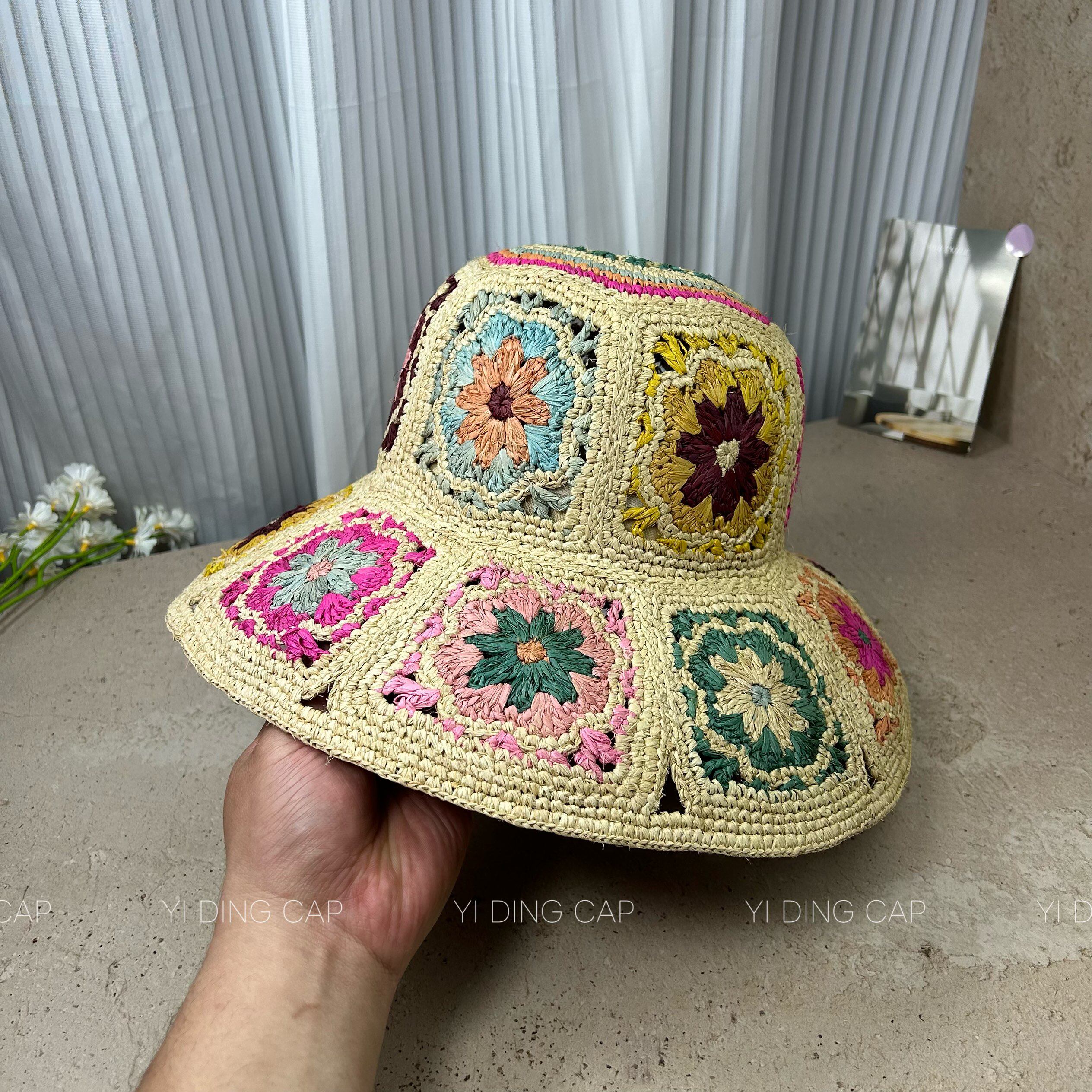 夏季手工双面刺绣花朵渔夫草帽女